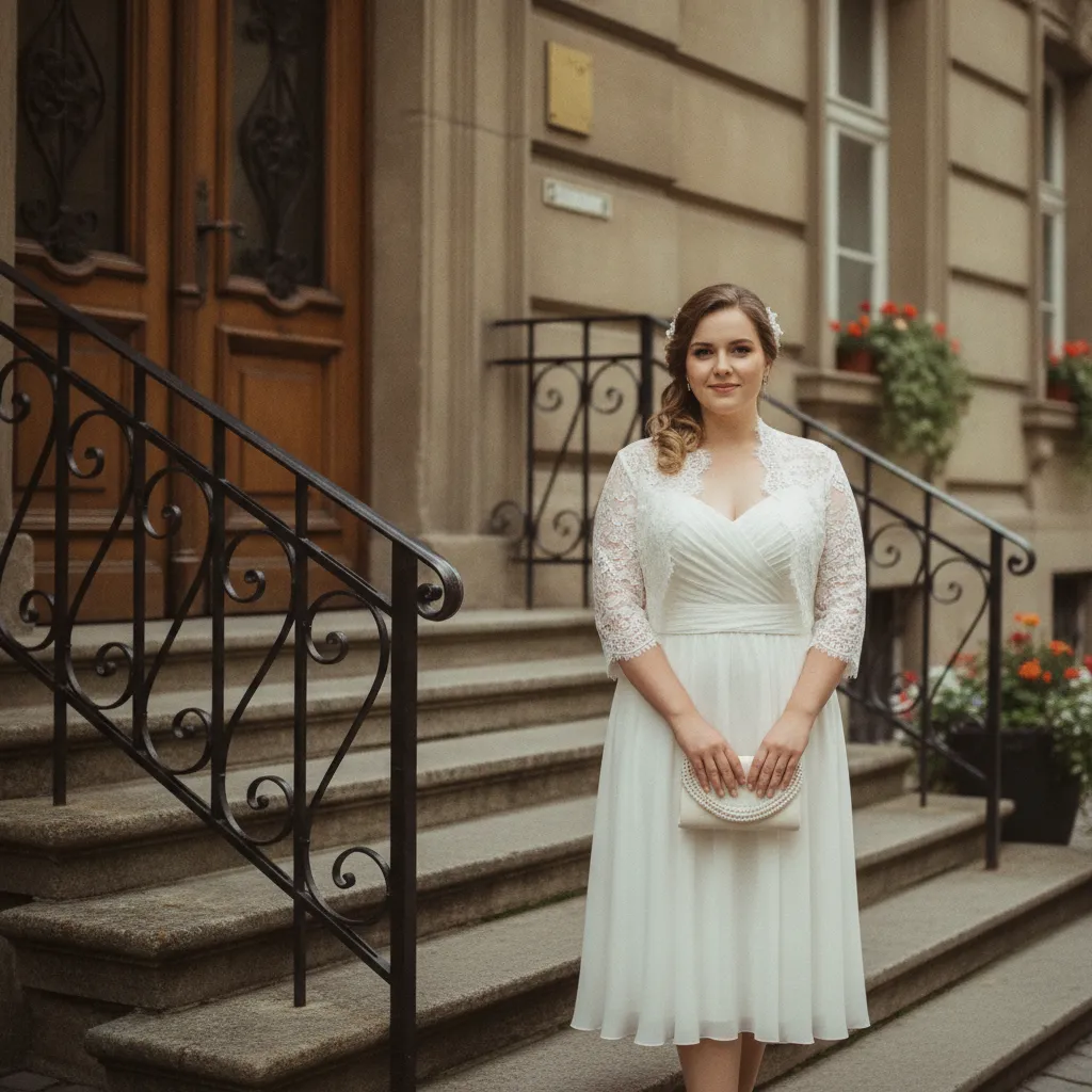 Elegantes Standesamtkleid in großer Größe mit passendem Spitzenbolero