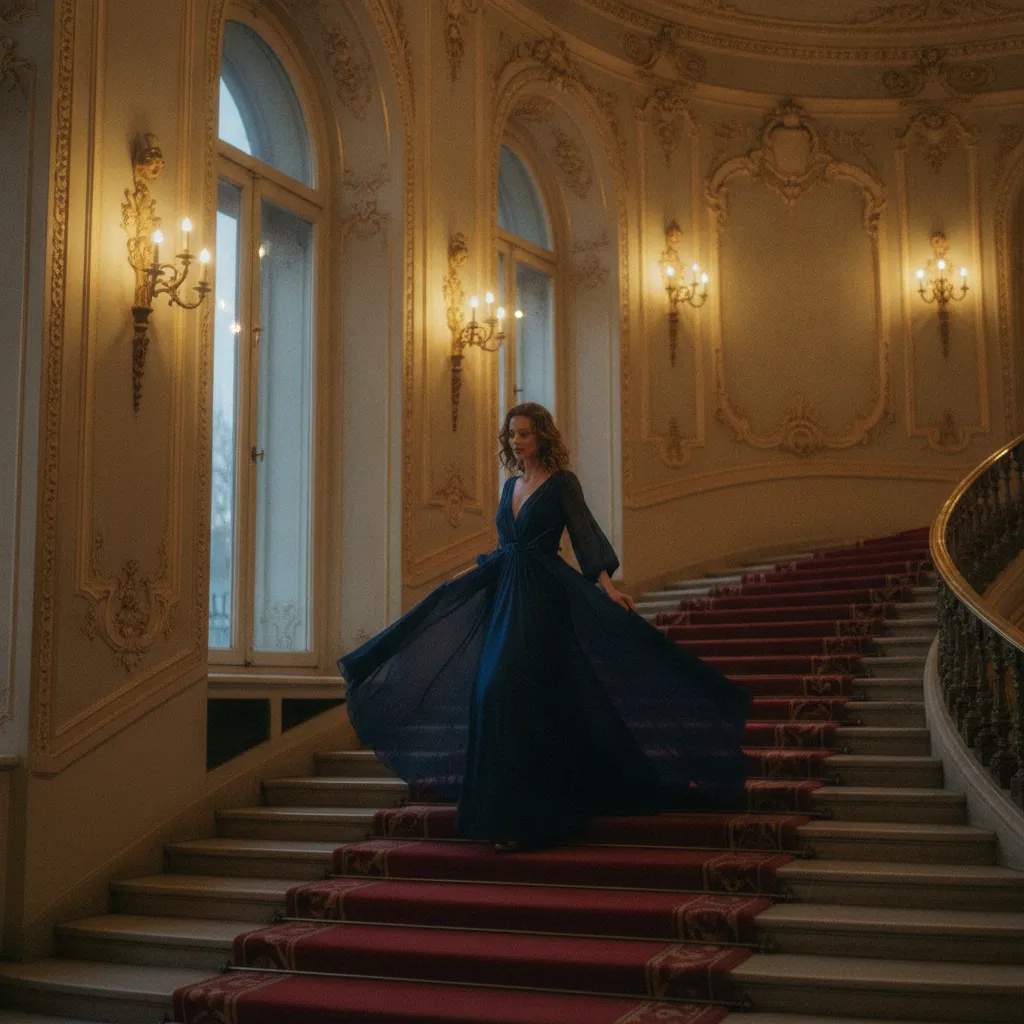 Langes Chiffonkleid in Mitternachtsblau auf einer festlichen Treppe