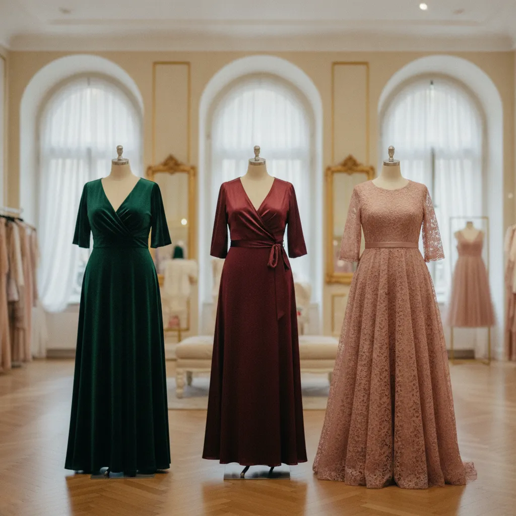 Drei Schnittformen im Vergleich: Empire, Wickelkleid und Fit-and-Flare in festlichen Farben