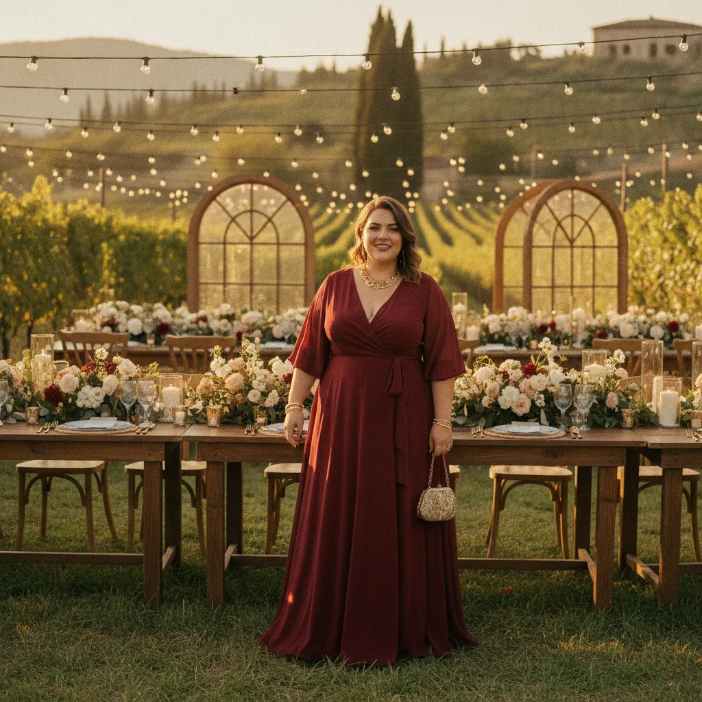 Bordeauxrotes Wickelkleid mit goldenen Accessoires: ein perfekter Look für die Hochzeitsfeier