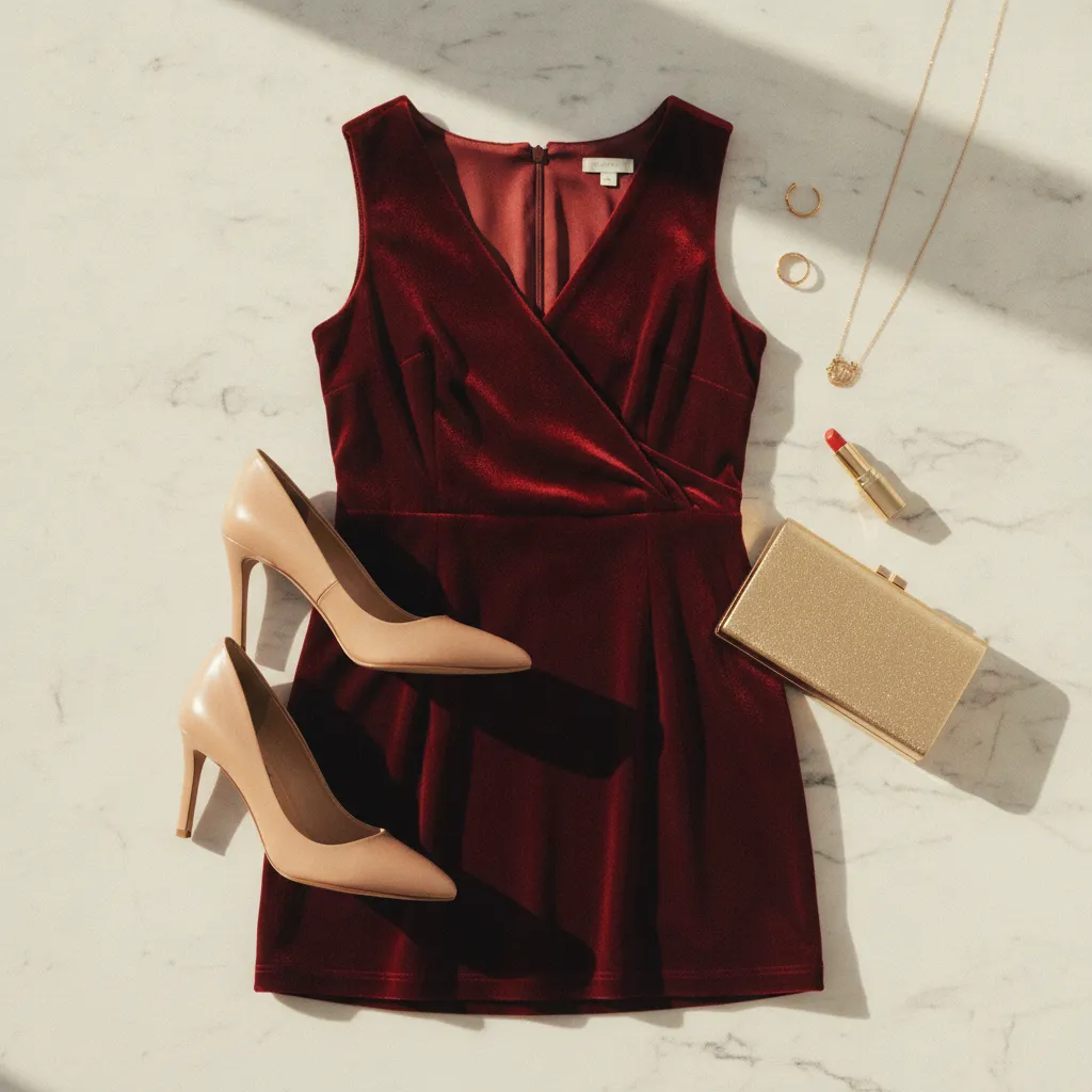 Das perfekte Accessoire-Set für ein rotes Festkleid: Nude, Gold und dezenter Schmuck