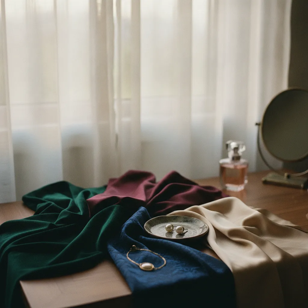 Edle Stoffe und Farben für festliche Kombinationen: Samt, Chiffon und Satin in Juwelentönen