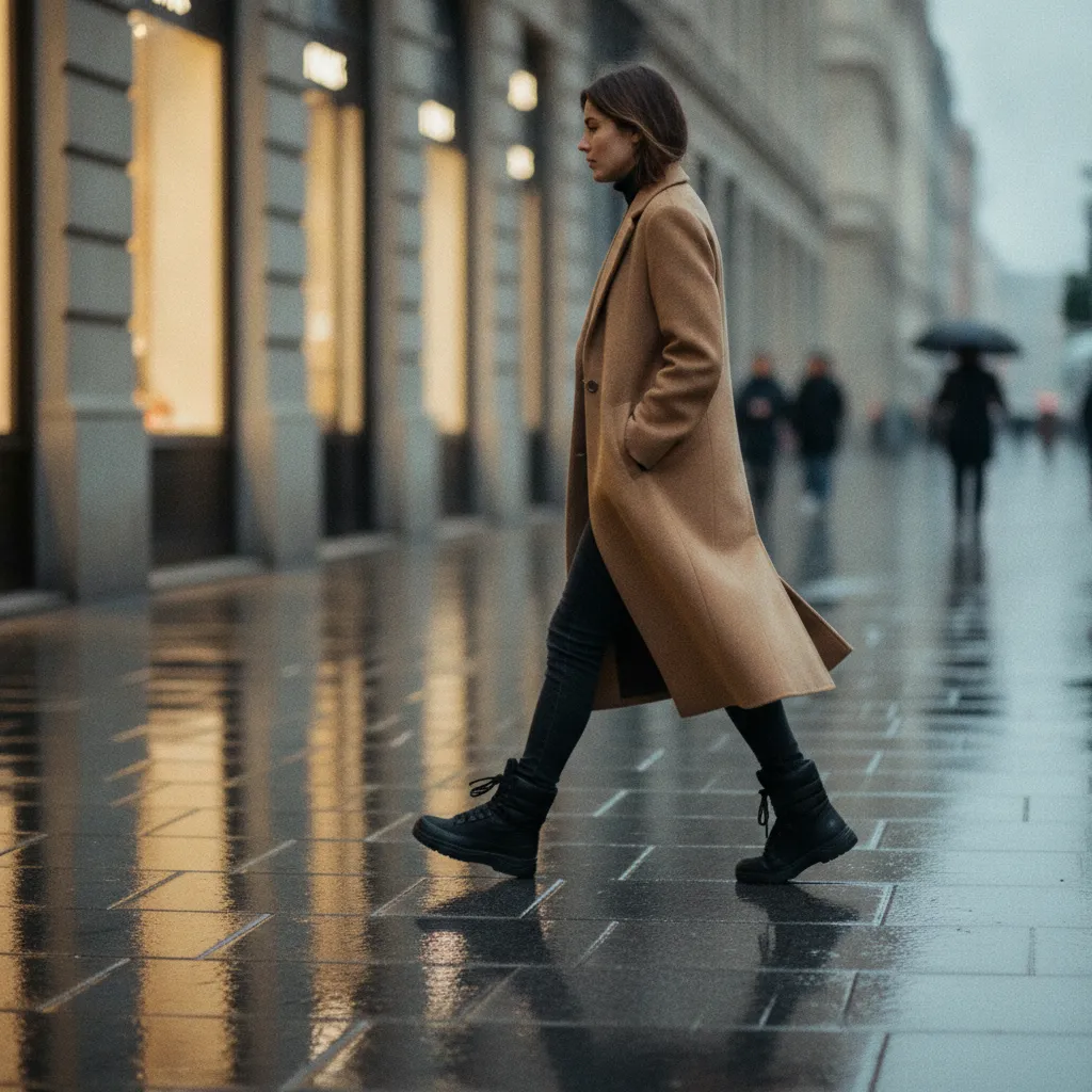 Gore-Tex Stiefel im Alltags-Styling: Elegant kombiniert mit Wollmantel und schmaler Hose