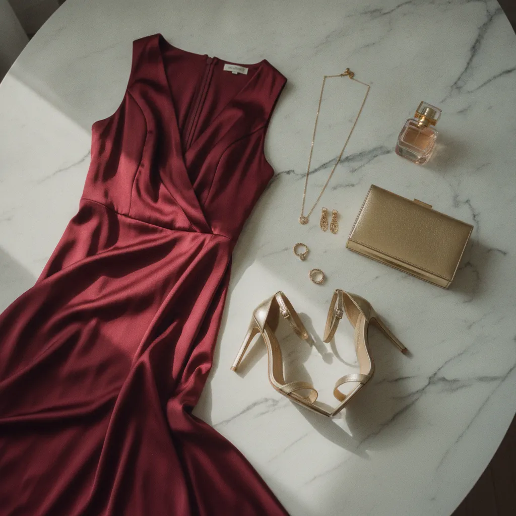 Komplettes Styling mit Bordeaux-Abendkleid und passenden Accessoires