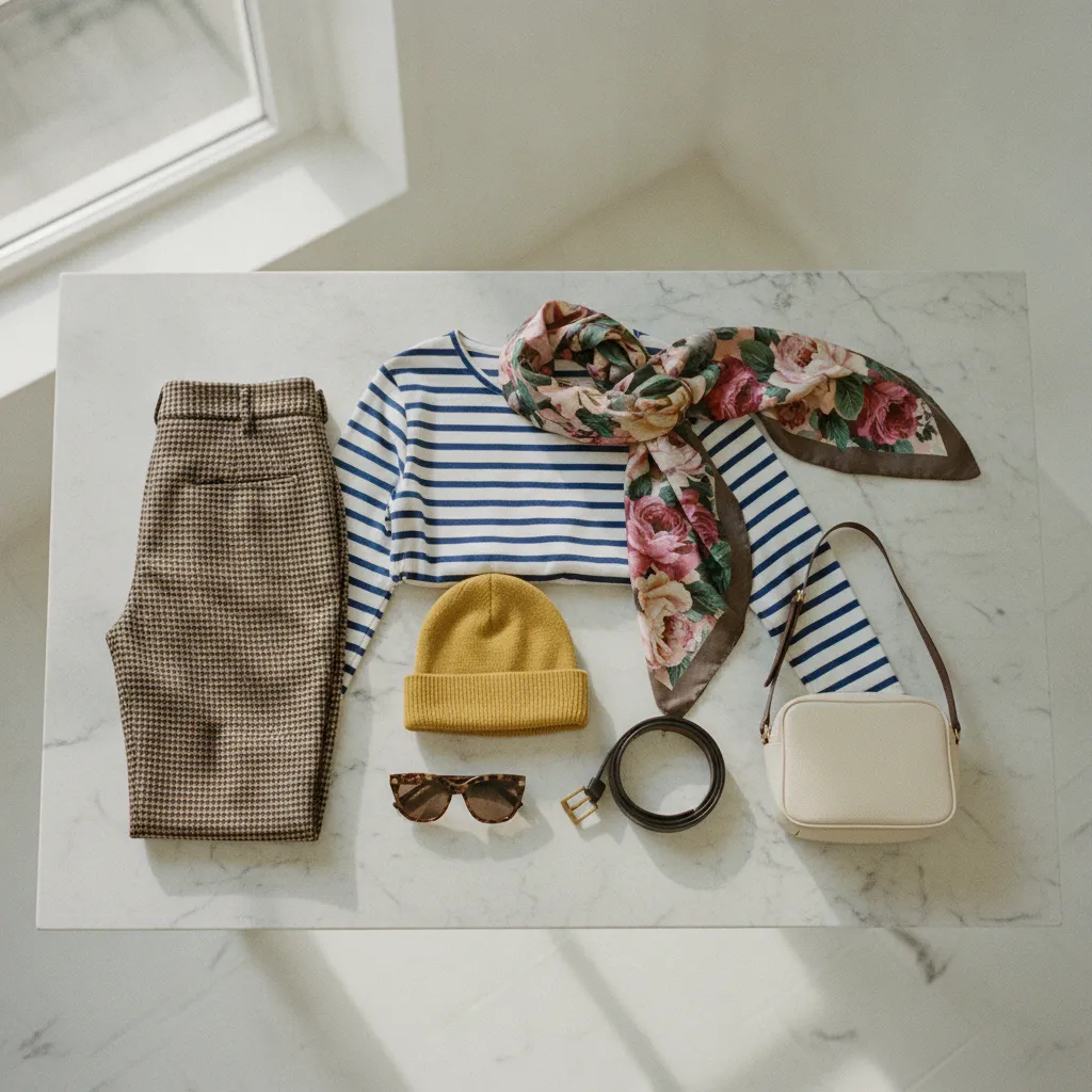 Verschiedene Muster als Flat Lay: Streifen, Karos und Blumen harmonisch arrangiert