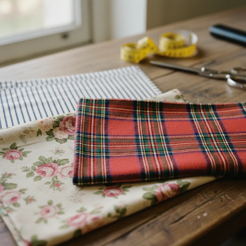 Stoffmuster im Detail: Nadelstreifen, Schottenkaro und Blumenprint in harmonischer Farbpalette