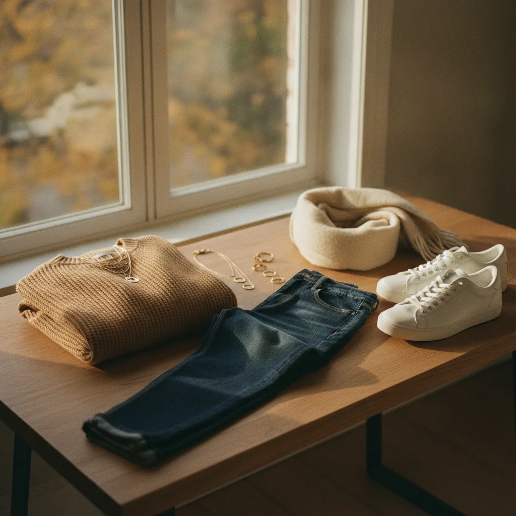 Herbstliche Casual-Basics als Flat Lay: Strickpullover, Jeans und Accessoires