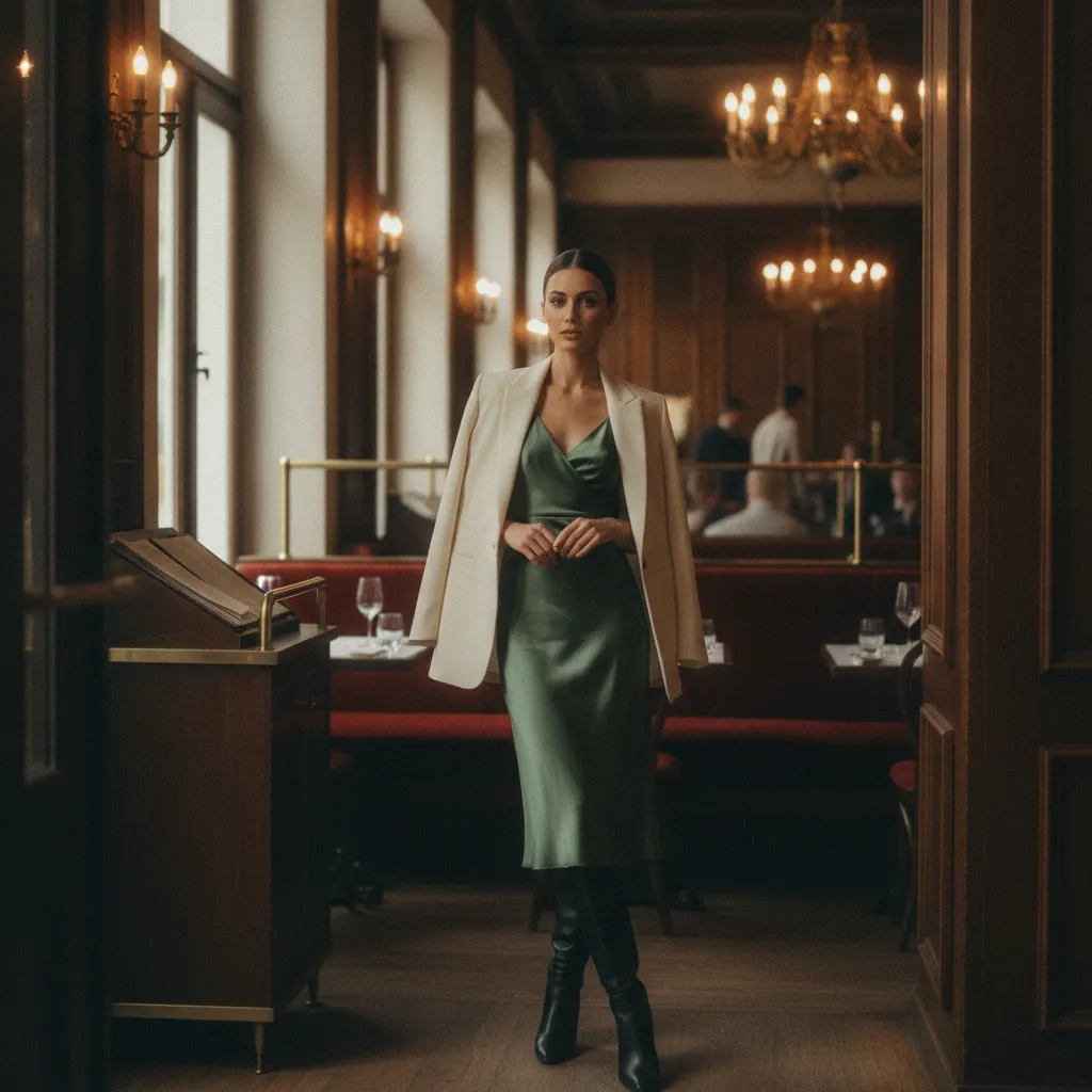 Eleganter Herbst-Look: Midi-Kleid in Moosgrün mit kniehohen Stiefeln