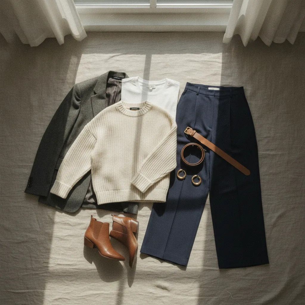 Die vier Oversized-Basics im Überblick: Strickpullover, Blazer, T-Shirt und weite Hose