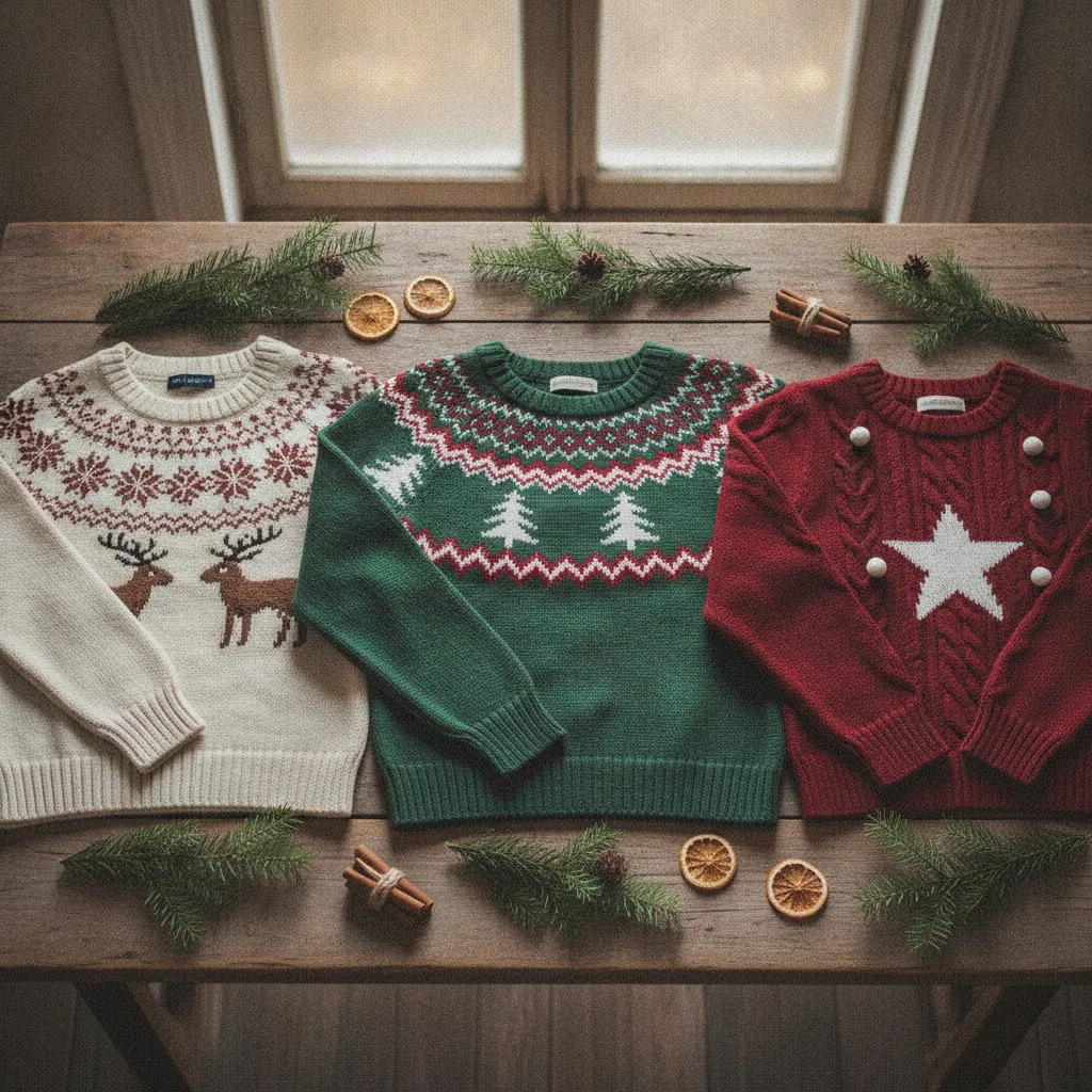 Drei verschiedene Weihnachtspullover-Stile im Vergleich: klassisch, elegant und modern