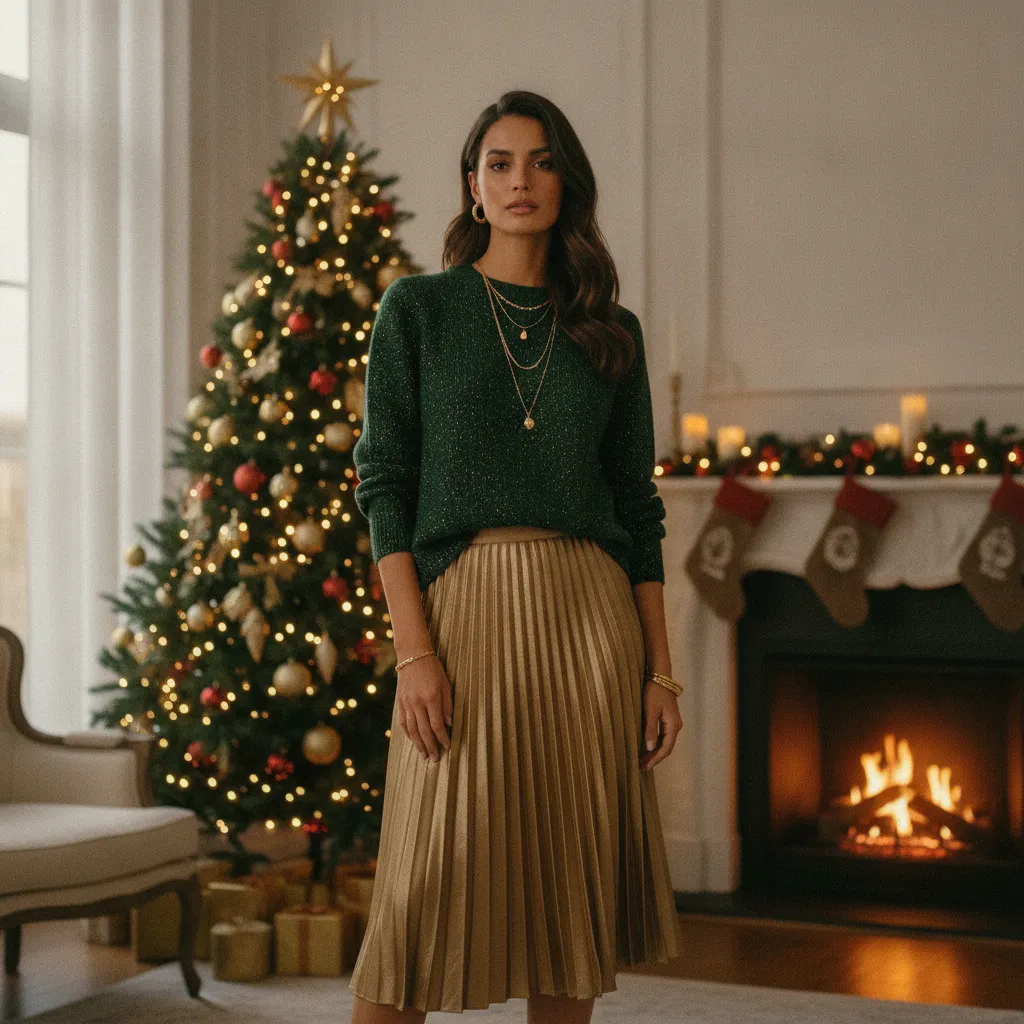 Festliches Styling: Eleganter Weihnachtspullover kombiniert mit Plisseerock und Goldschmuck