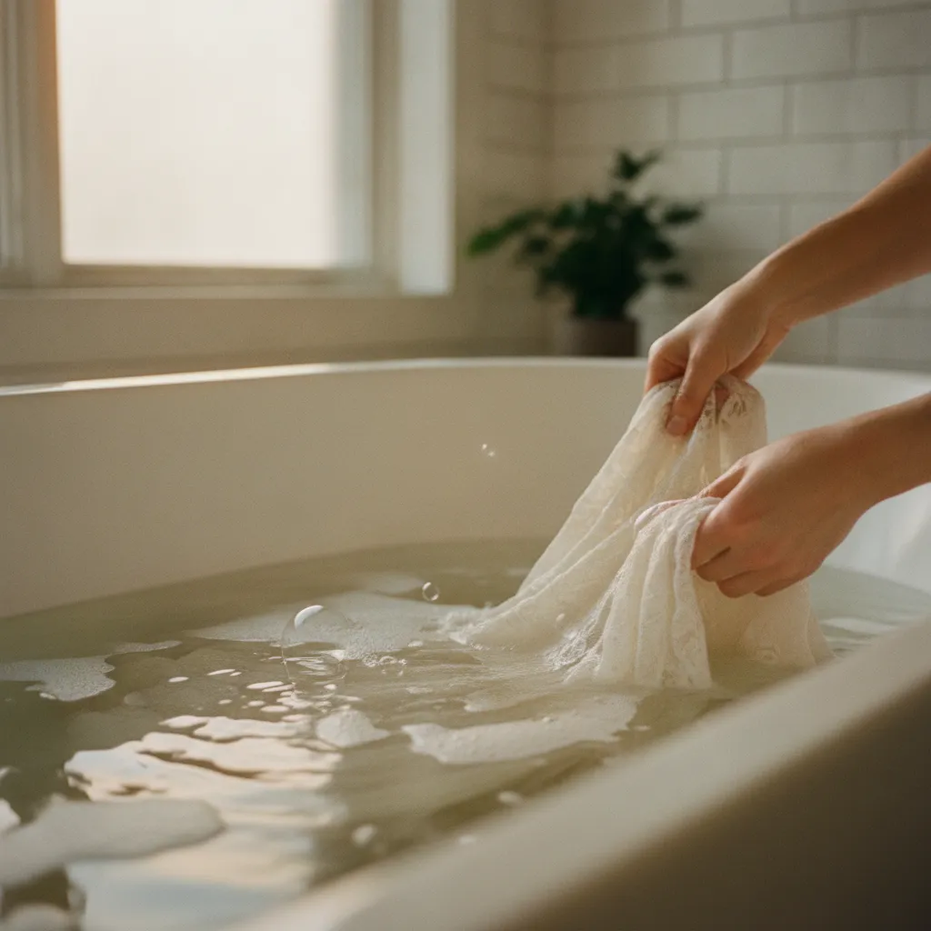 Sanfte Handwäsche eines Brautkleids mit Spitzendetails in der Badewanne