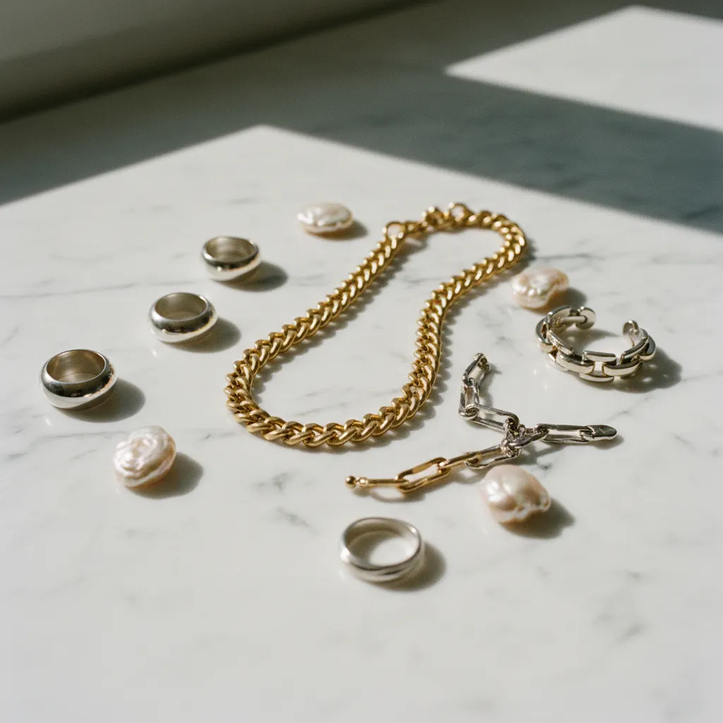 Schmuck-Flatlay mit Gold, Silber und Perlen: Die Trend-Pieces 2026 auf einen Blick