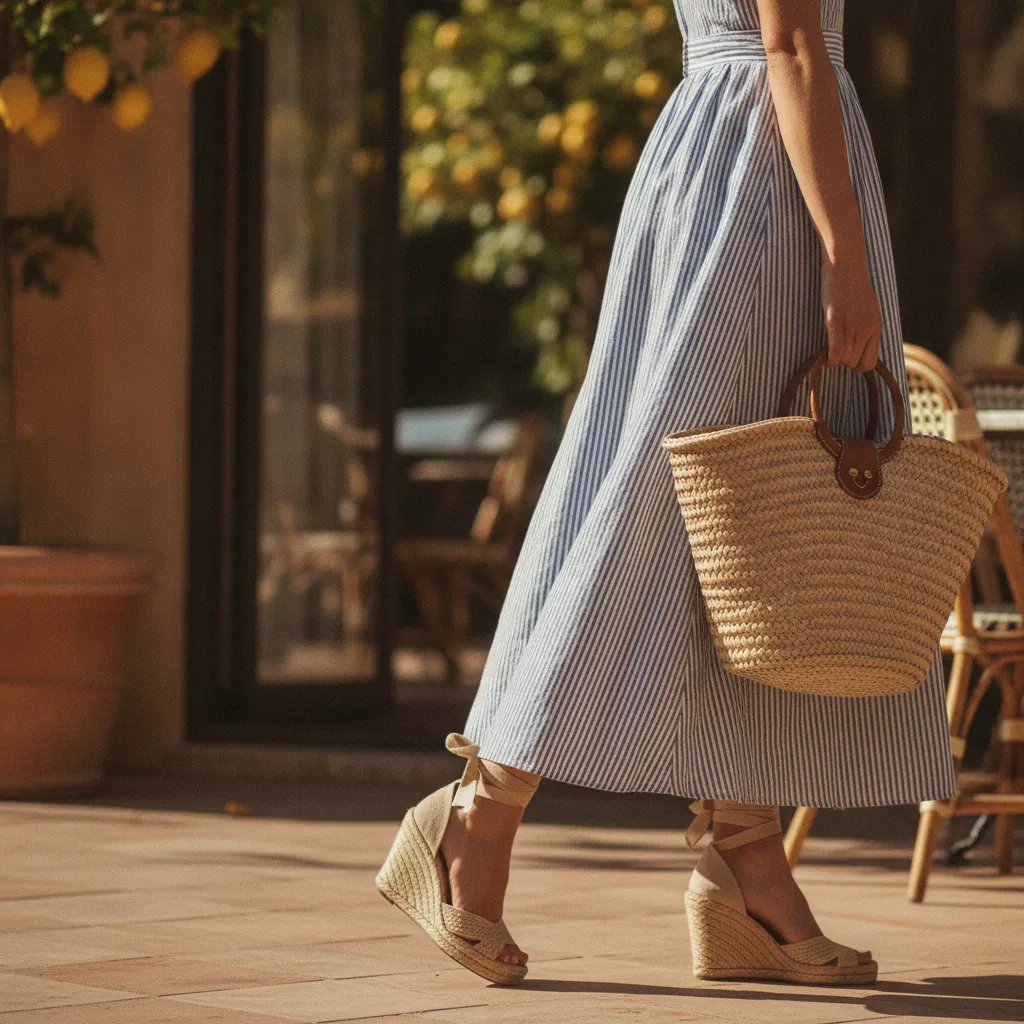 Styling-Details: Espadrilles und Goldschmuck zum gestreiften Leinenkleid