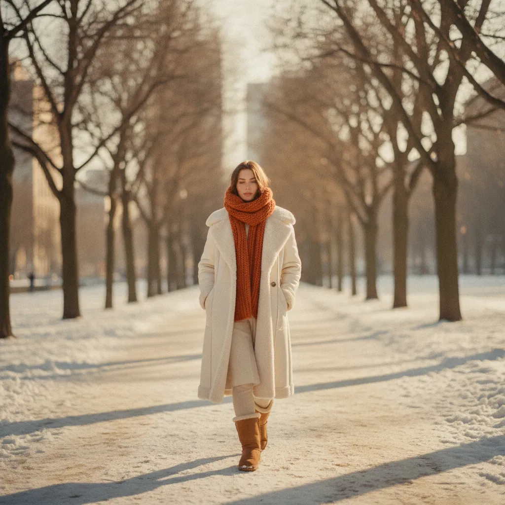 Elegantes Winter-Outfit mit Lammfellstiefeln im Wiener Stadtpark