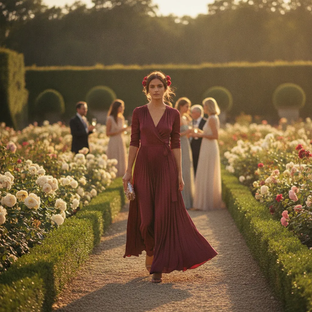 Wickelkleid in Bordeaux als perfekte Wahl für eine Sommerhochzeit im Garten