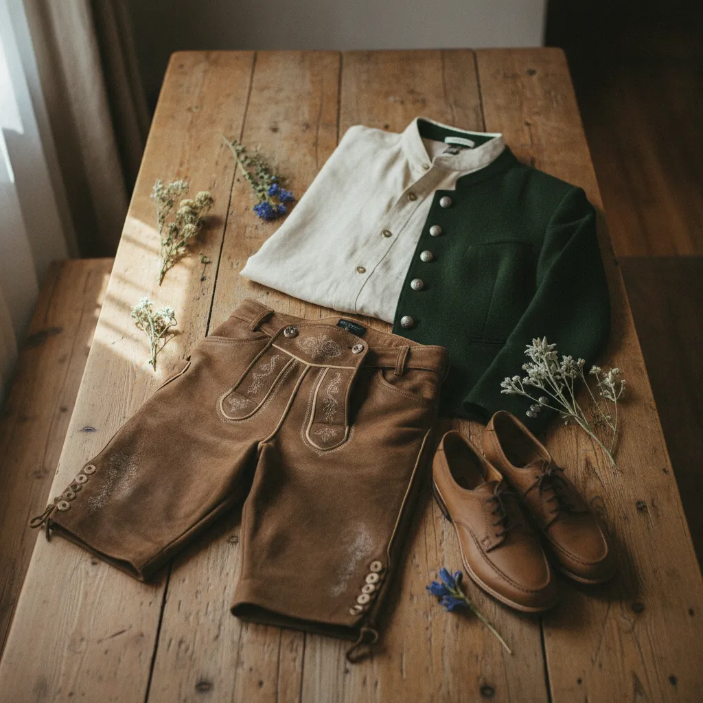 Moderne Trachtengarderobe für Herren: Lederhose, Leinenhemd und Janker im harmonischen Zusammenspiel