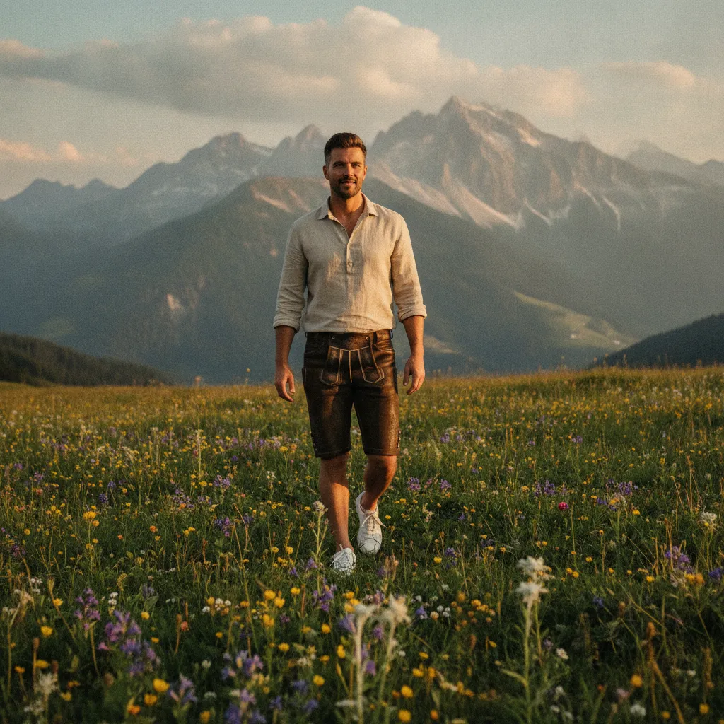 Lederhose modern kombiniert: Mit Sneakern und Leinenhemd entsteht ein zeitgemäßer alpiner Look