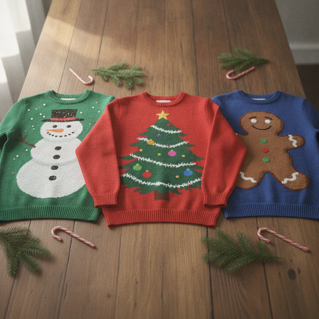 Drei verschiedene Ugly Christmas Pullover mit typischen Weihnachtsmotiven