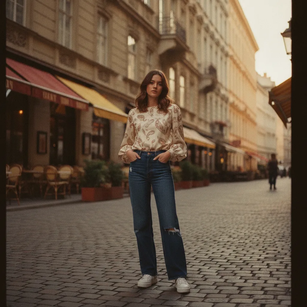 Vintage trifft Modern: Eine Bluse aus den 1960ern kombiniert mit zeitgenössischen Basics in Neubau