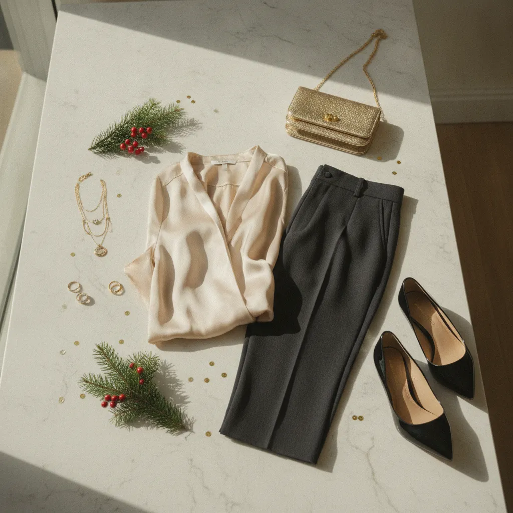 Flat Lay eines klassisch-eleganten Weihnachtsfeier-Outfits mit goldenen Accessoires