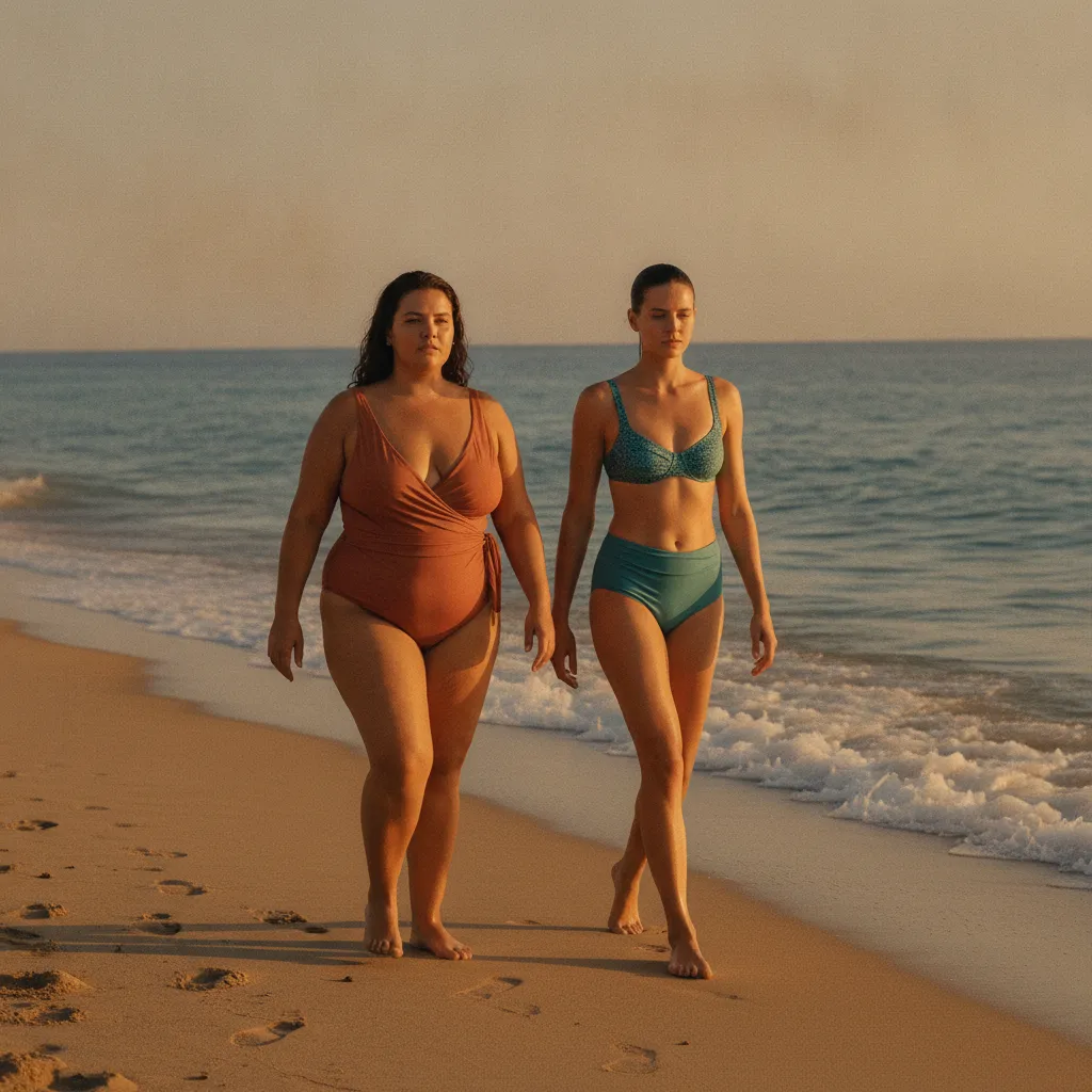 Bademode für jede Figur: Wickel-Einteiler und High-Waist-Bikini am Strand