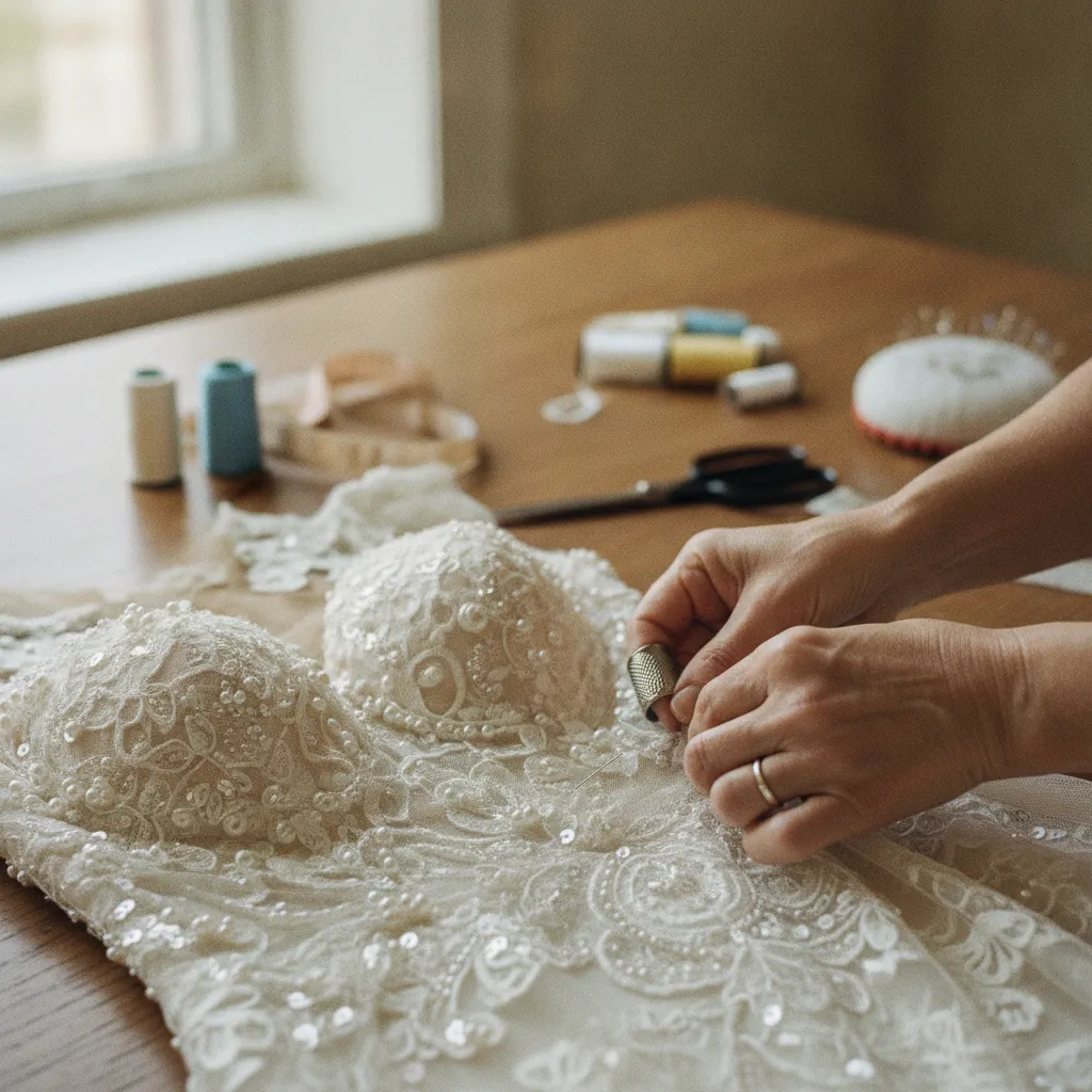 Detailaufnahme einer Brautkleid-Änderung durch eine erfahrene Schneiderin