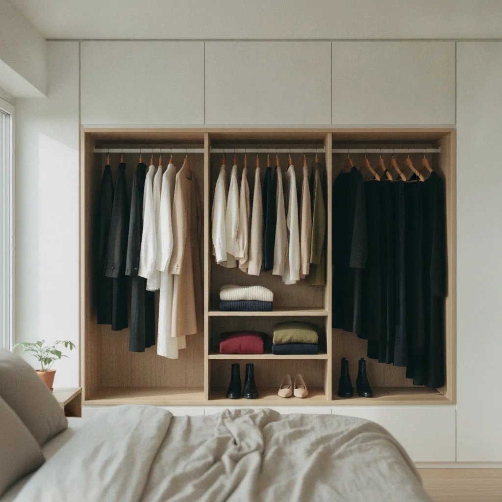 Farblich abgestimmte Capsule Wardrobe im Kleiderschrank nach neutralen Tönen und Akzentfarben sortiert