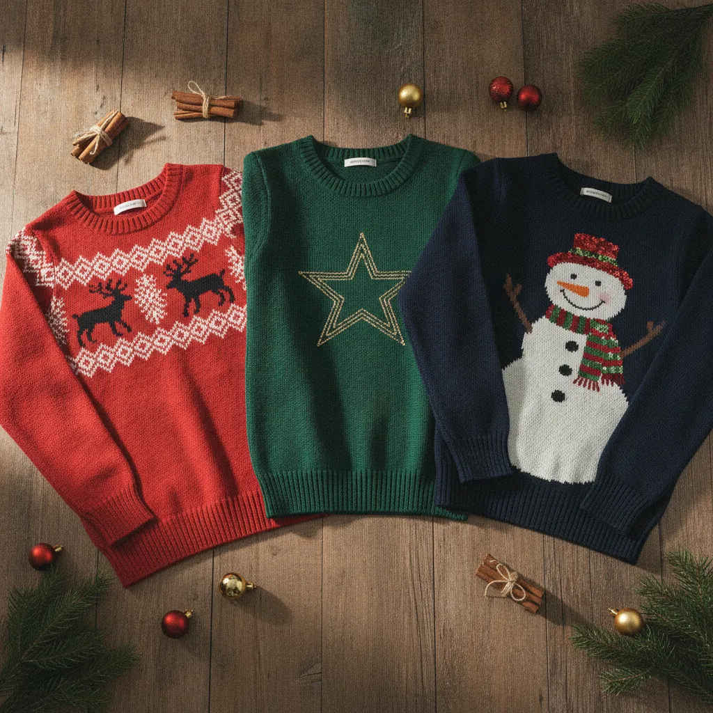 Drei verschiedene Stile von Damen-Weihnachtspullovern: klassisch, modern und verspielt