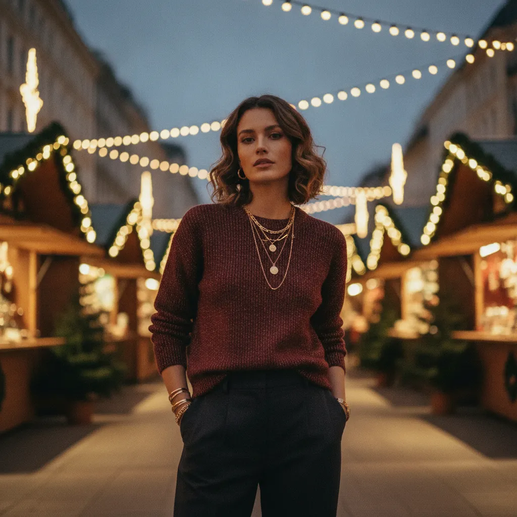 Edler Weihnachtspullover in Bordeaux mit Glitzerfäden am Wiener Christkindlmarkt