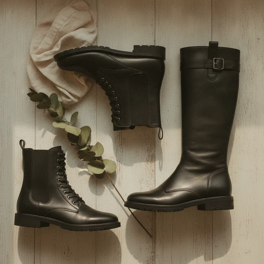 Drei verschiedene Modelle flacher schwarzer Stiefel im direkten Vergleich