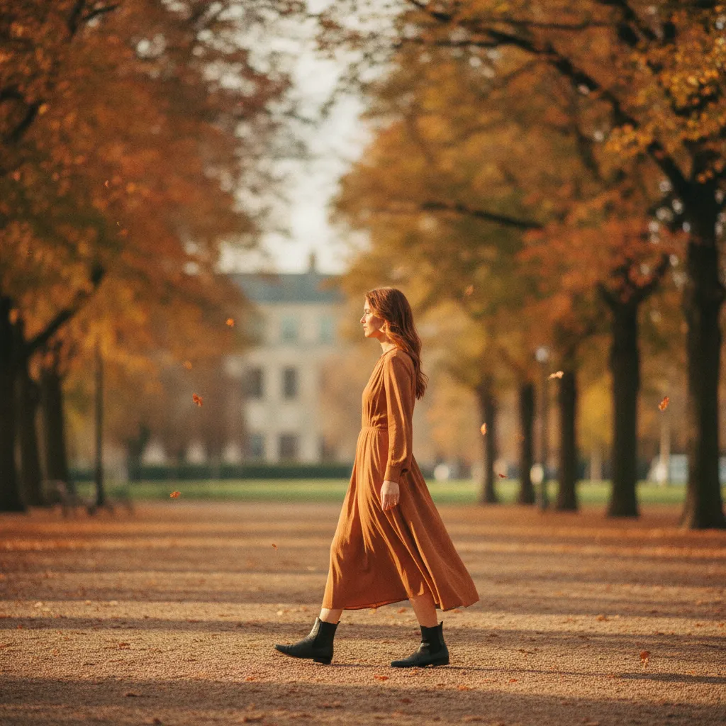 Flache schwarze Stiefel zum femininen Midi-Kleid kombiniert