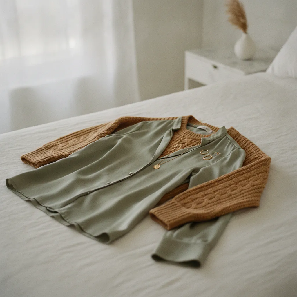 Satinbluse und Chunky Knit in den Trendfarben der Saison