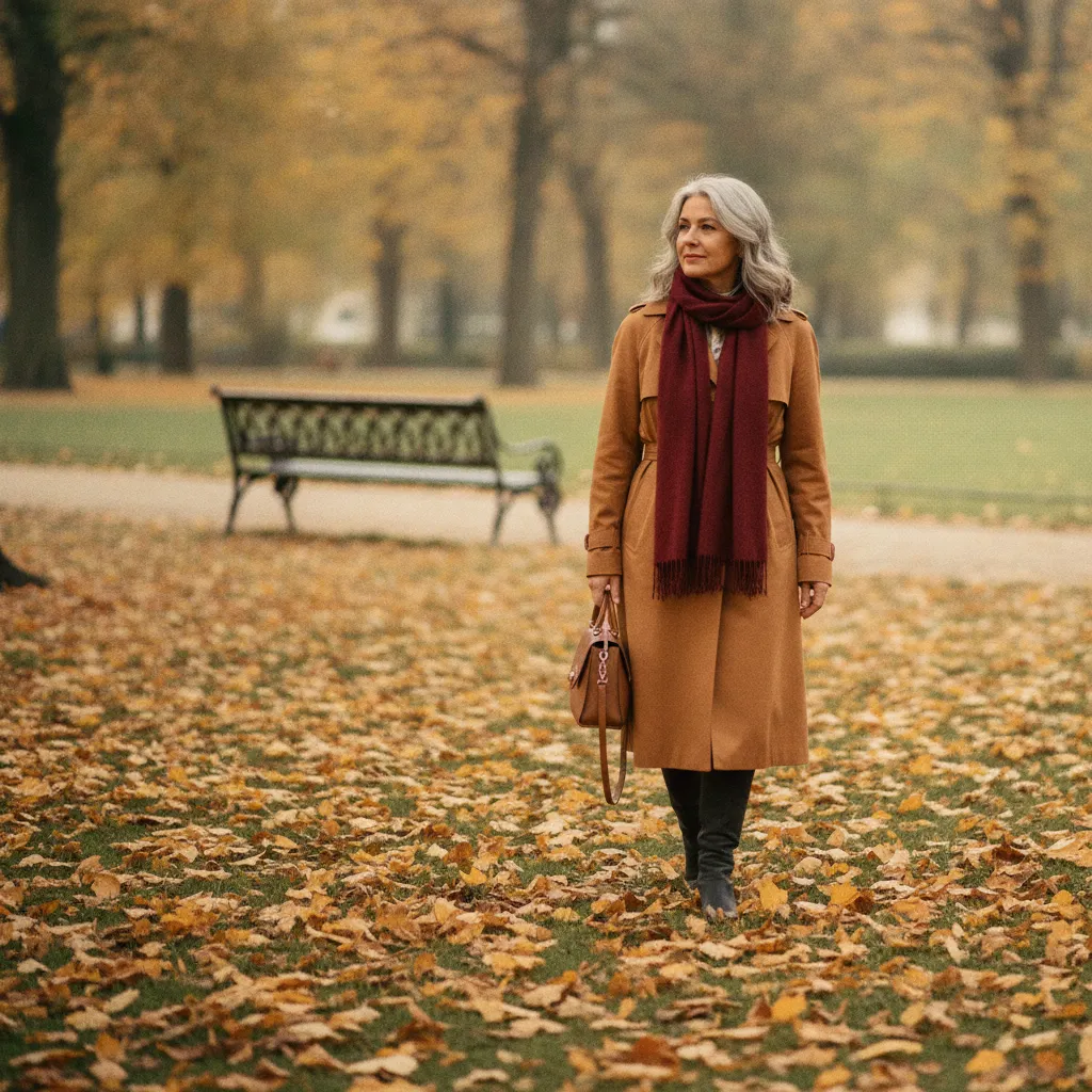 Zeitlose Eleganz für Frauen ab 50 mit Trenchcoat und Kaschmirschal