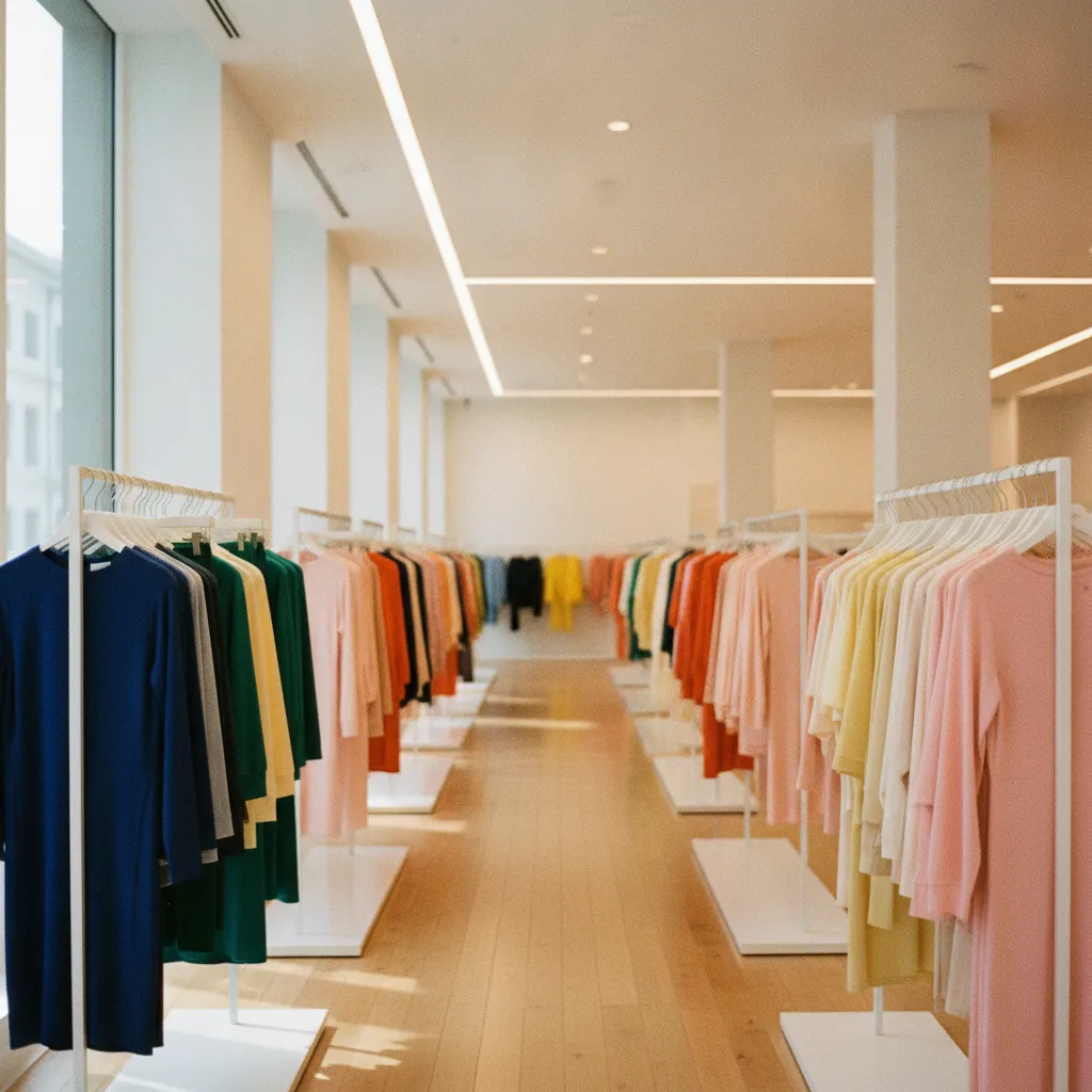 Modernes Damenmode Geschäft mit übersichtlich sortierten Kollektionen