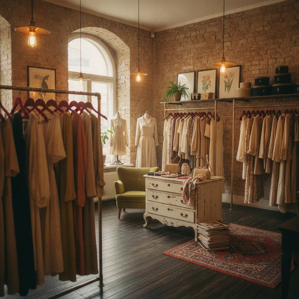 Vintage-Laden mit sorgfältig kuratierter Damenmode aus vergangenen Jahrzehnten