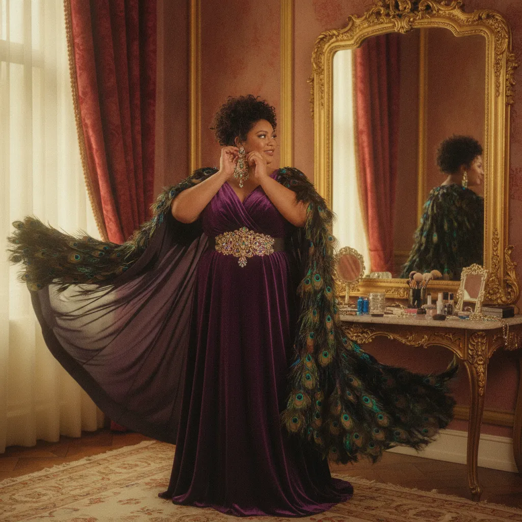 Frau beim Styling von Faschings-Accessoires wie Ohrringen, Gürtel und Cape vor dem Spiegel