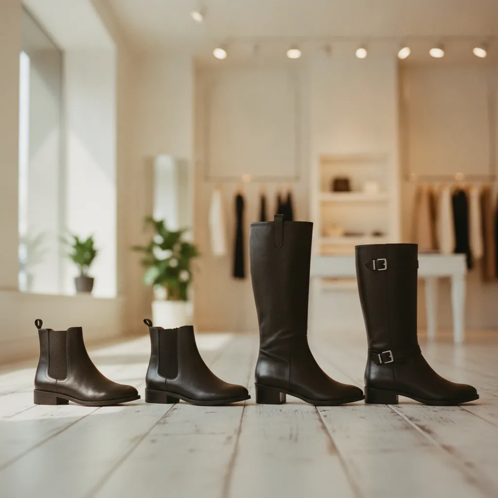 Die vier wichtigsten Modellvarianten flacher schwarzer Stiefel im direkten Vergleich