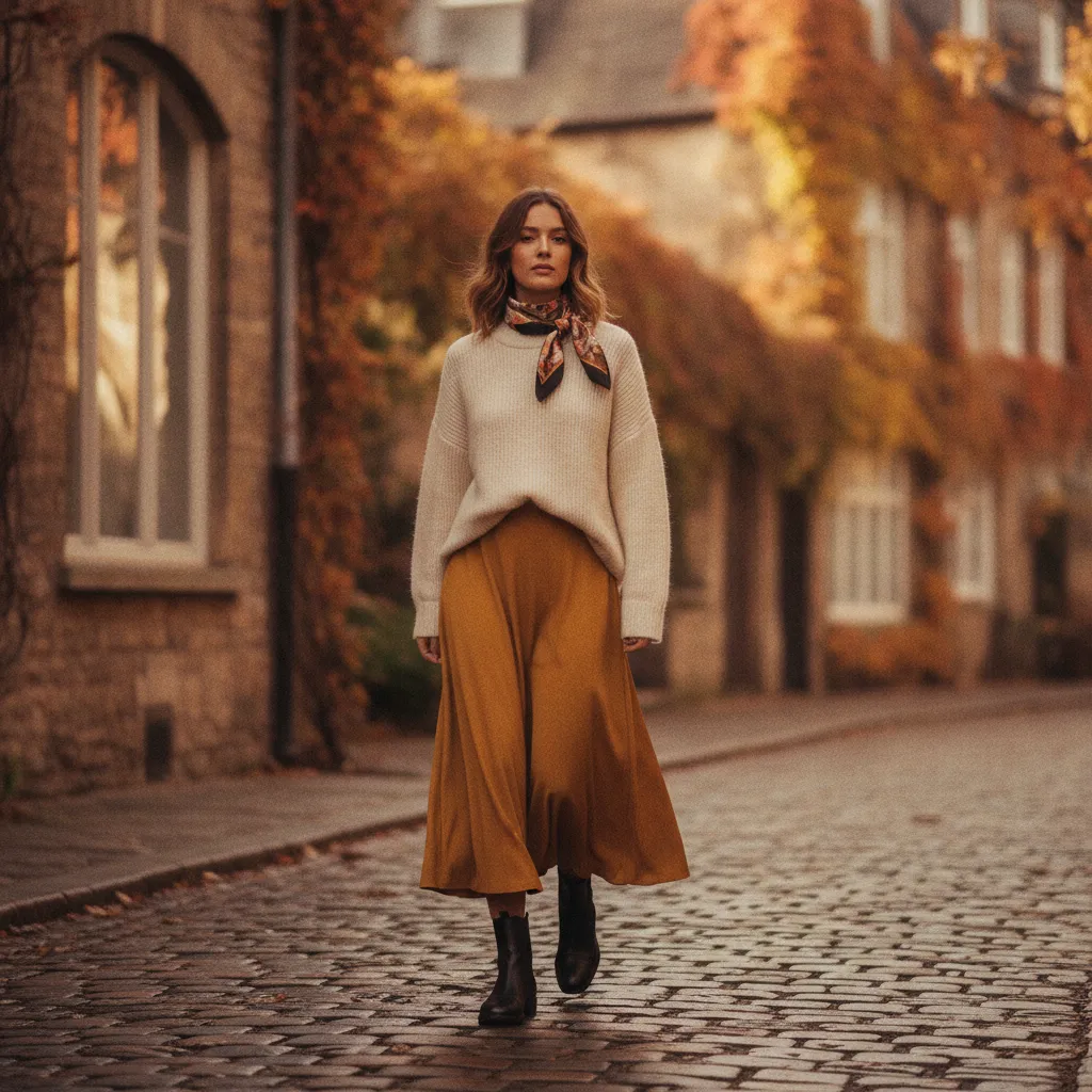 Flache schwarze Stiefel kombiniert mit Midirock und Strickpullover im Herbst-Look