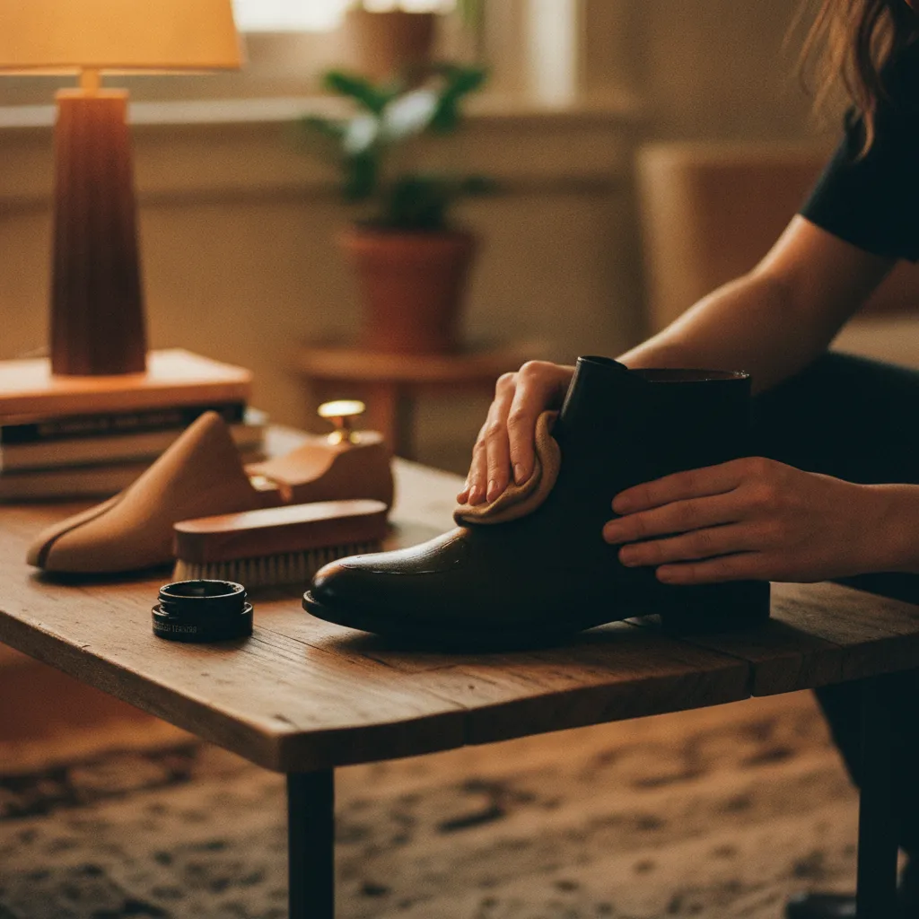 Richtige Pflege mit Schuhcreme und Zedernholz-Schuhspannern für langlebige Stiefel