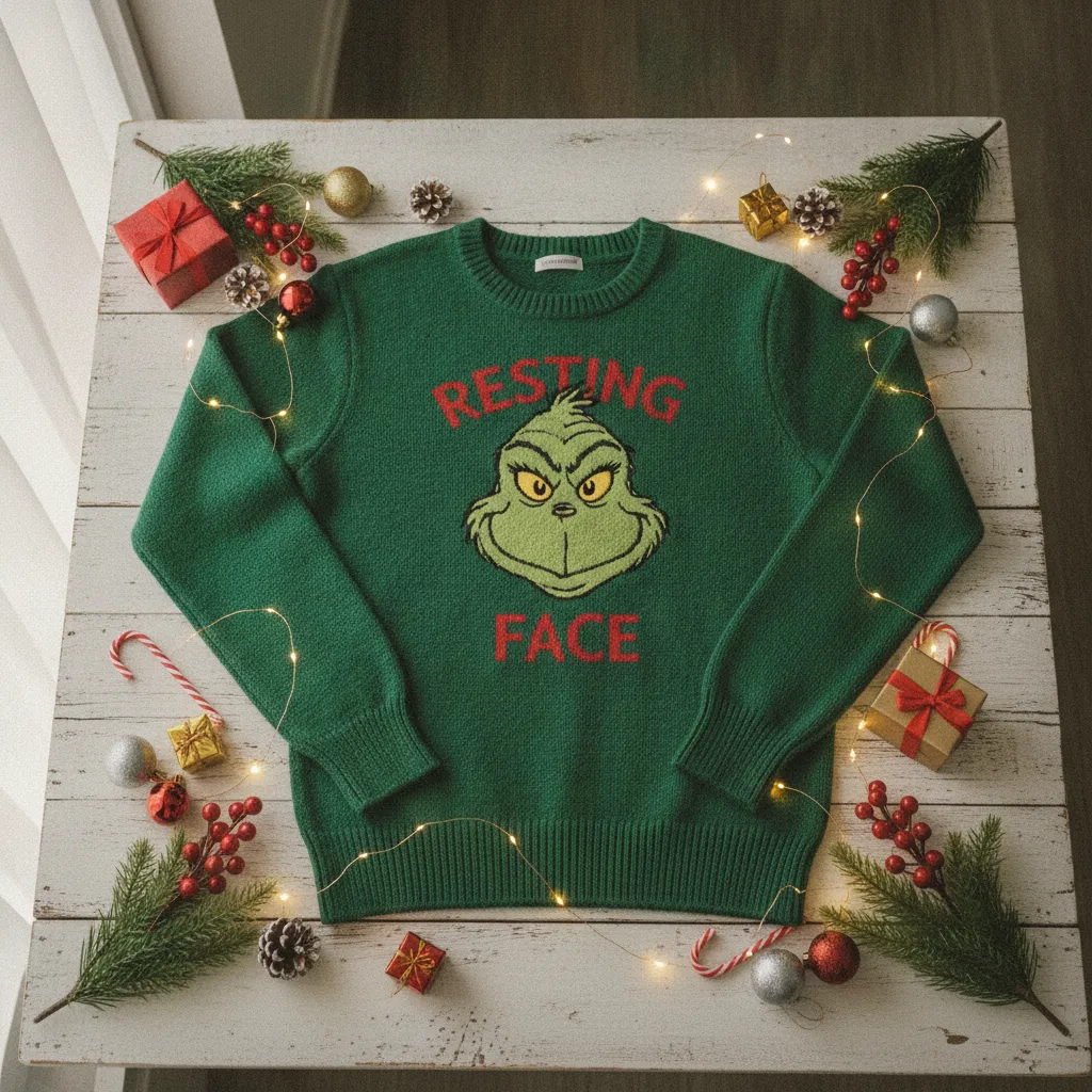 Verschiedene Grinch Pullover Modelle für Damen im weihnachtlichen Flat-Lay-Arrangement