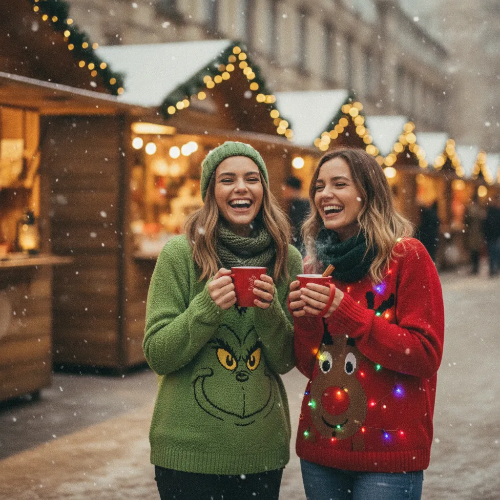 Grinch Pullover kombiniert mit einem warmen Mantel auf dem Weihnachtsmarkt