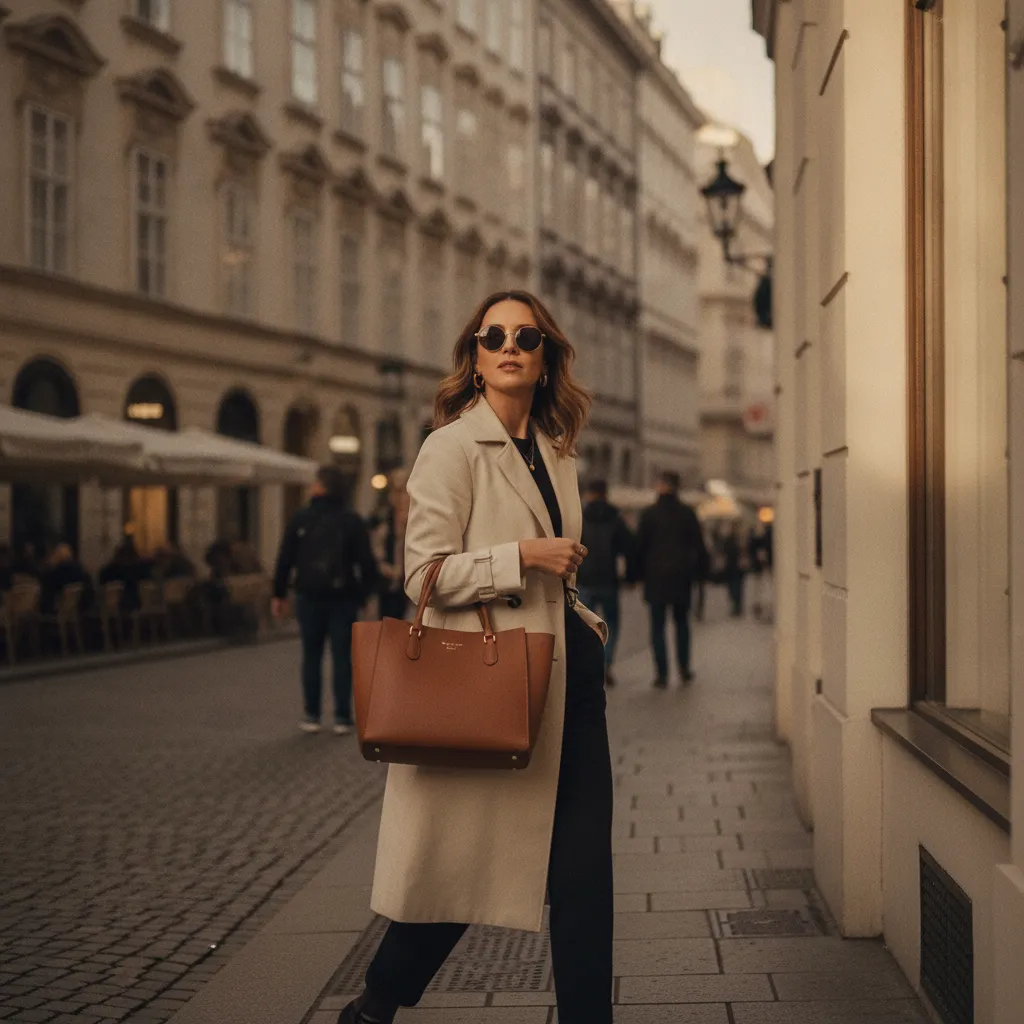 Eine klassische Handtasche als stilvoller Alltagsbegleiter in der Wiener Innenstadt