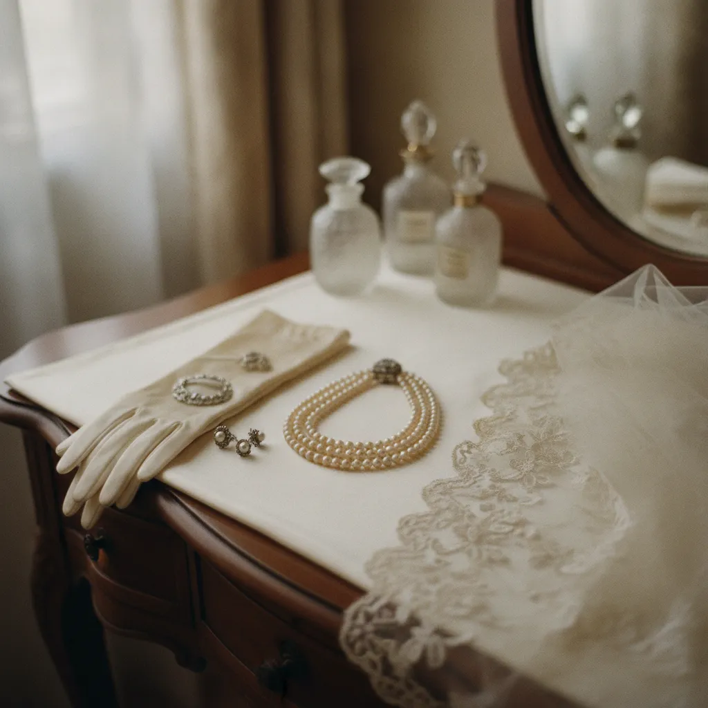 Klassische Braut-Accessoires im Stil der 1950er-Jahre: Perlen, Spitzenschleier und Seidenhandschuhe