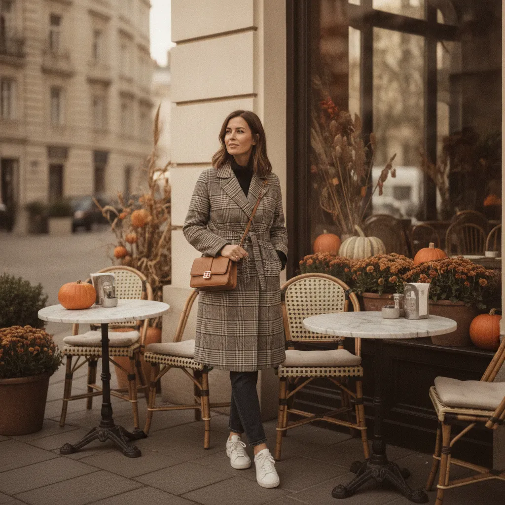 Lässiges Alltagsoutfit mit kariertem Mantel, Jeans und Sneakern vor einem Wiener Café