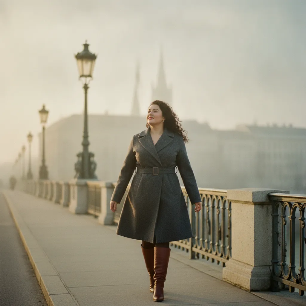 A-Linien-Mantel mit Gürtel und braunen Stiefeln: Der perfekte Winterlook für kurvige Frauen