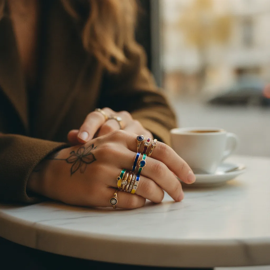 Ring-Stacking mit Mixed Metals: Gold, Silber und bunte Emaille kombiniert