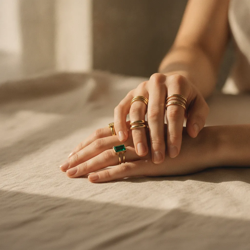 Ring-Stacking mit verschiedenen Breiten und einem farbigen Edelstein als Akzent
