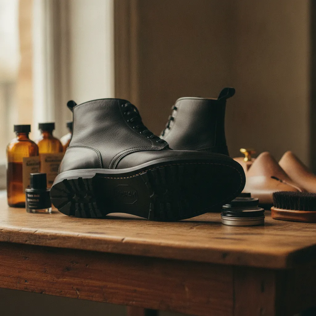 Detailaufnahme hochwertiger schwarzer Lederstiefel mit Pflegeprodukten