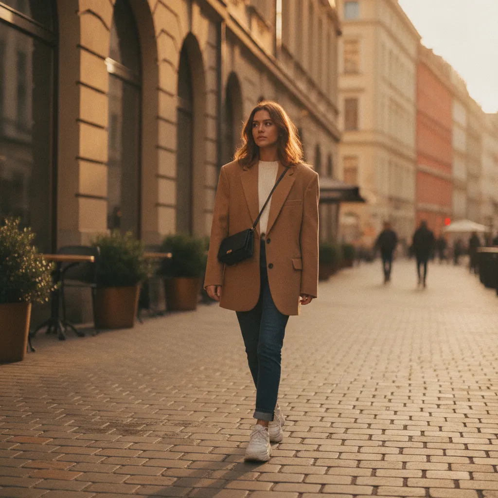 Chunky Sneaker kombiniert mit schmal geschnittener Hose und Blazer